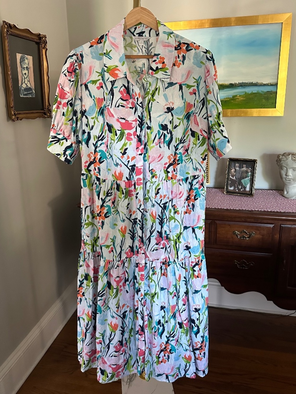 CROWN & IVY Blue Pink Coral Floral Collared Tiered Midi Dress, Size 1X
